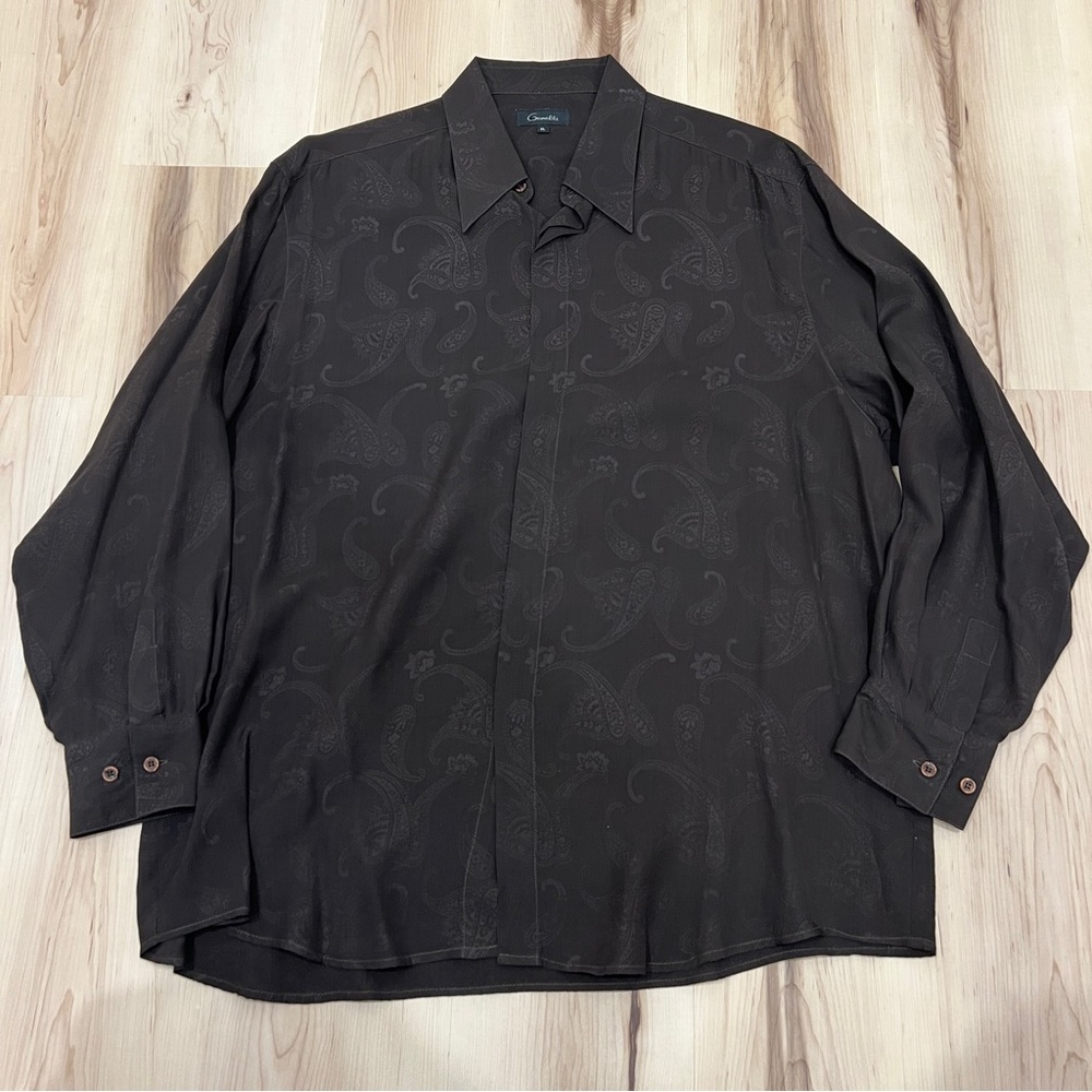 VINTAGE 90s Genelli Silk Shirt Brown Paisley Print XL